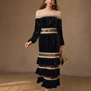 MOTF Black Velvet Midi Dress with Gold Lace Trim